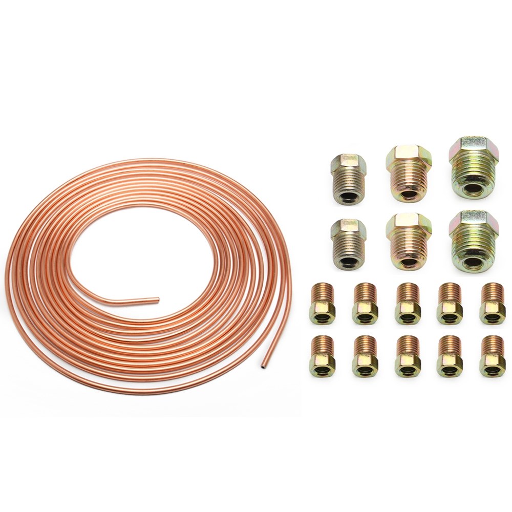 Copper Brake Line Tubing Kit 3/16 OD 25 Foot Coil Roll All Size Fittings
