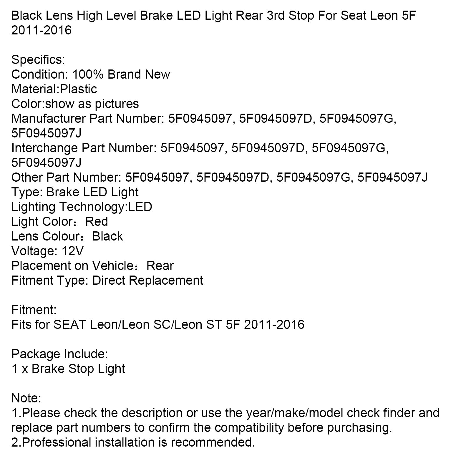 2011-2016 Seat Leon 5F Black Lens High Level Brake LED Light Rear 3rd Stop
