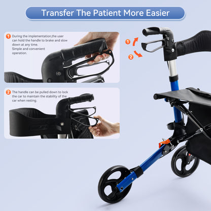 Foldable Rollator Walker with 6 levels of Adjustable Seat 8 Wheels  Compact Folding Design Lightweight Mobility Walking Aid suitable for people of different heights