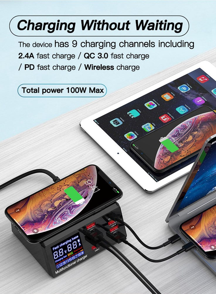 100W 8 Ports USB QC 3.0 Fast PD Quick Adapter Wireless Charging Station UK Plug