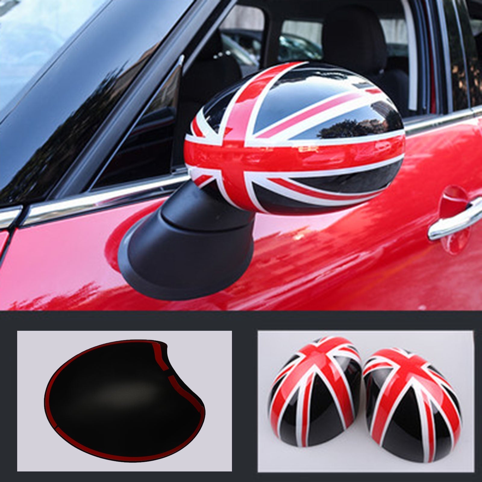 MINI Cooper R55 R56 R57 2 x Union Jack UK Flag Mirror Covers Black/Red