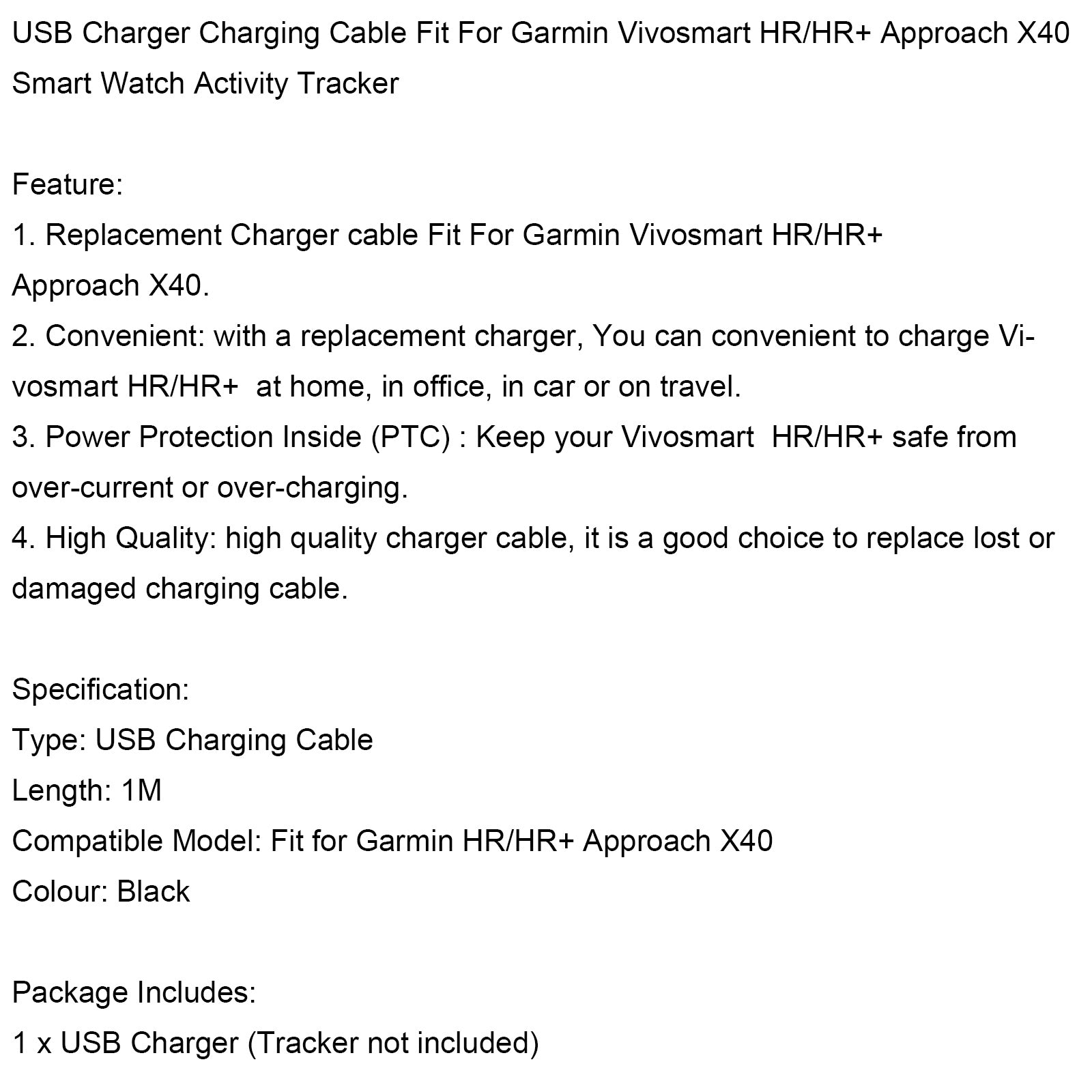 USB Charger Charging Data Cable Cord Fit for Garmin HR/HR Approach X40