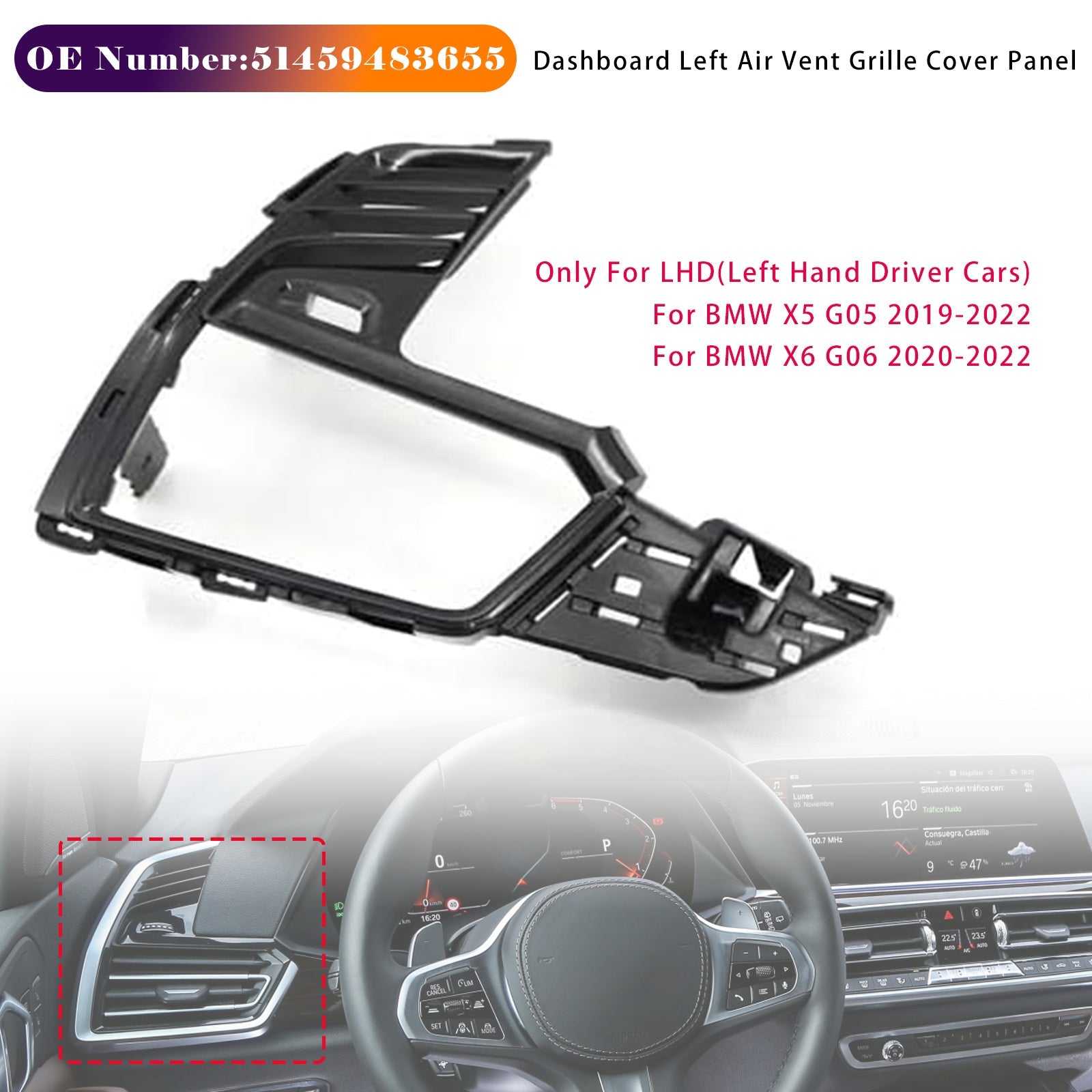 2020-2022 BMW X6 G06 Dashboard Left Air Vent Grille Cover Panel 51459483655