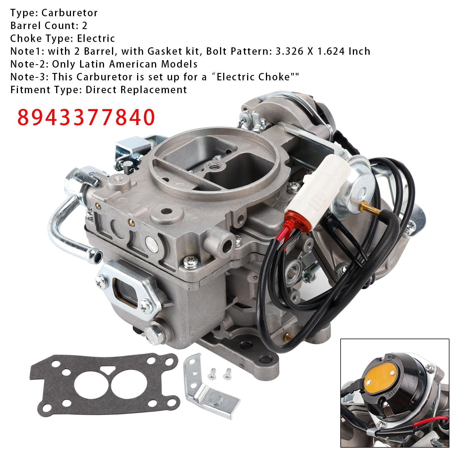 09/1988-07/1994 Isuzu Amigo Impulse Pickup Caribe 2.3L 2254CC L4 GAS SOHC 2 Barrel Carburetor 8943377840