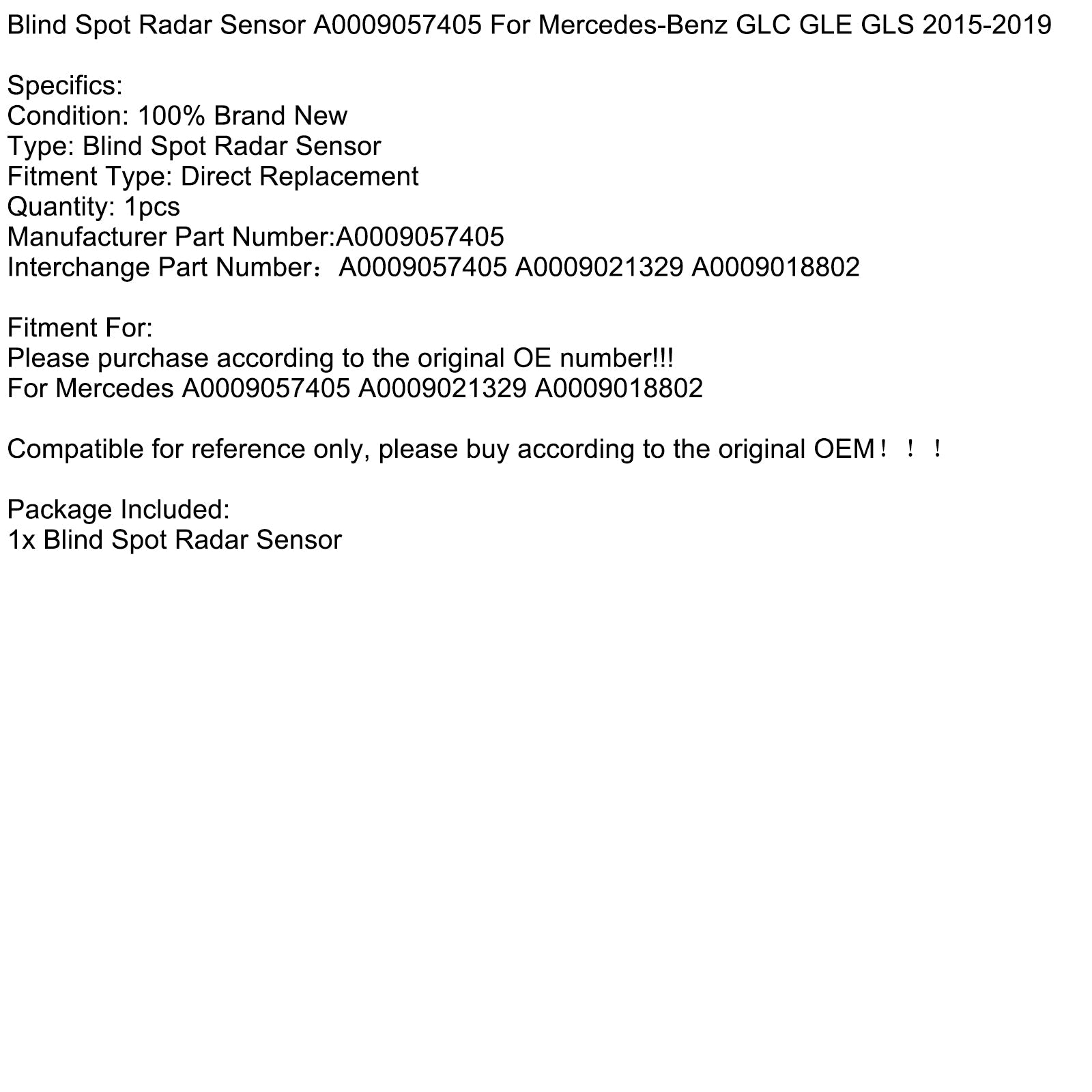 2015-2019 Mercedes-Benz GLC GLE GLS Blind Spot Radar Sensor A0009057405