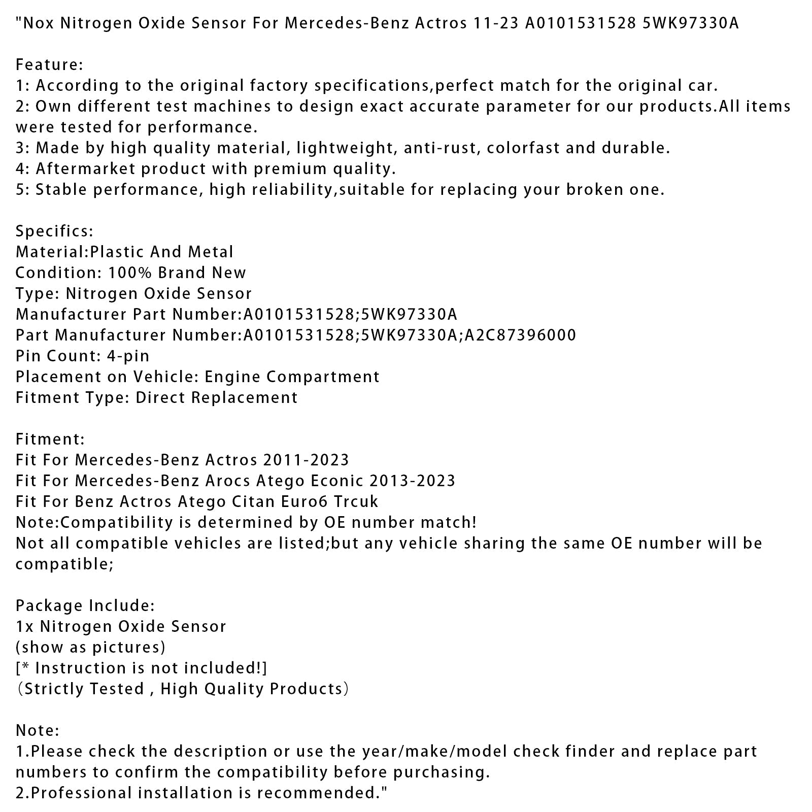 Nox Nitrogen Oxide Sensor For Mercedes-Benz Actros 2011-2023 A0101531528 5WK97330A