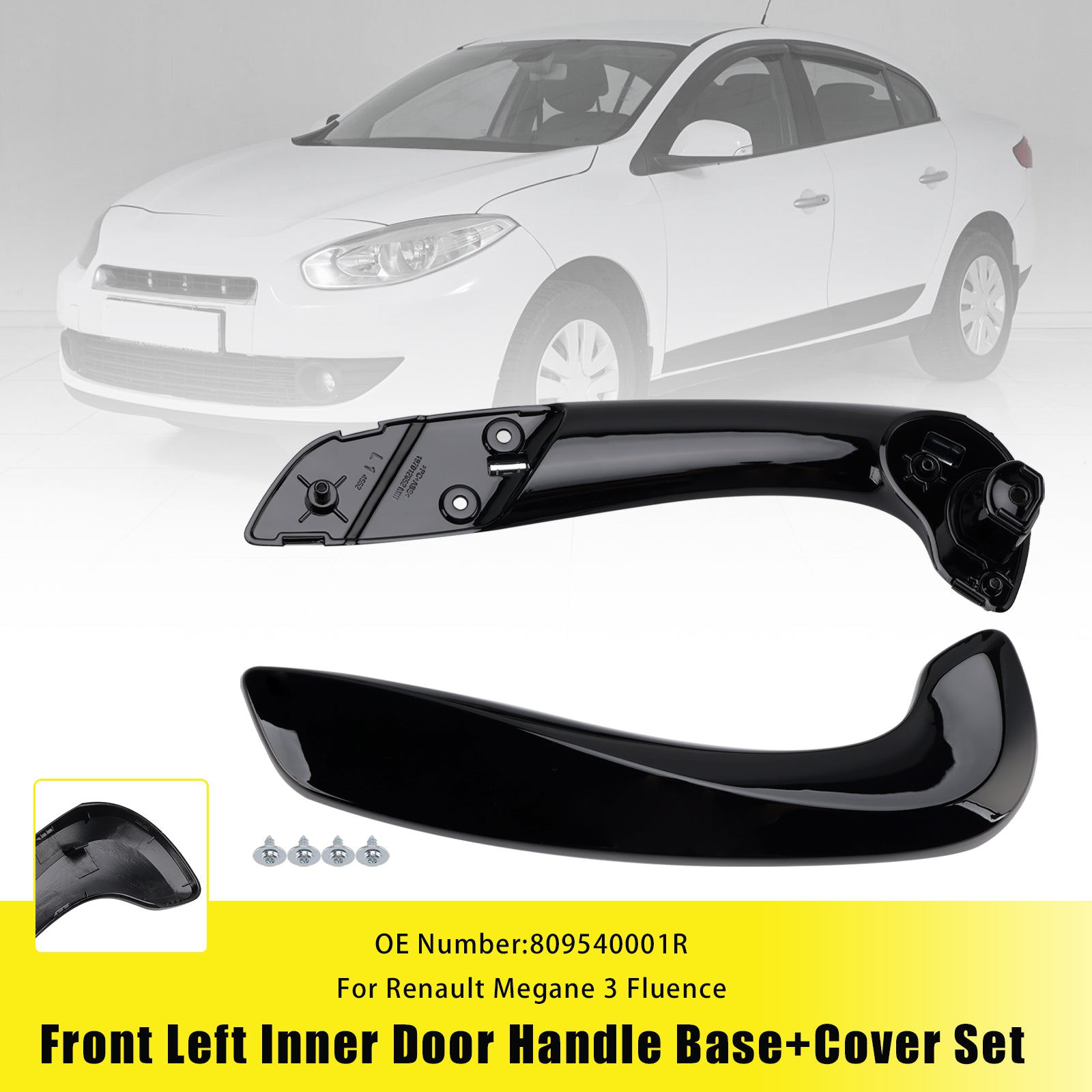 2009-2015 Renault Fluence Front Left Inner Door Handle Base+Cover Set Black