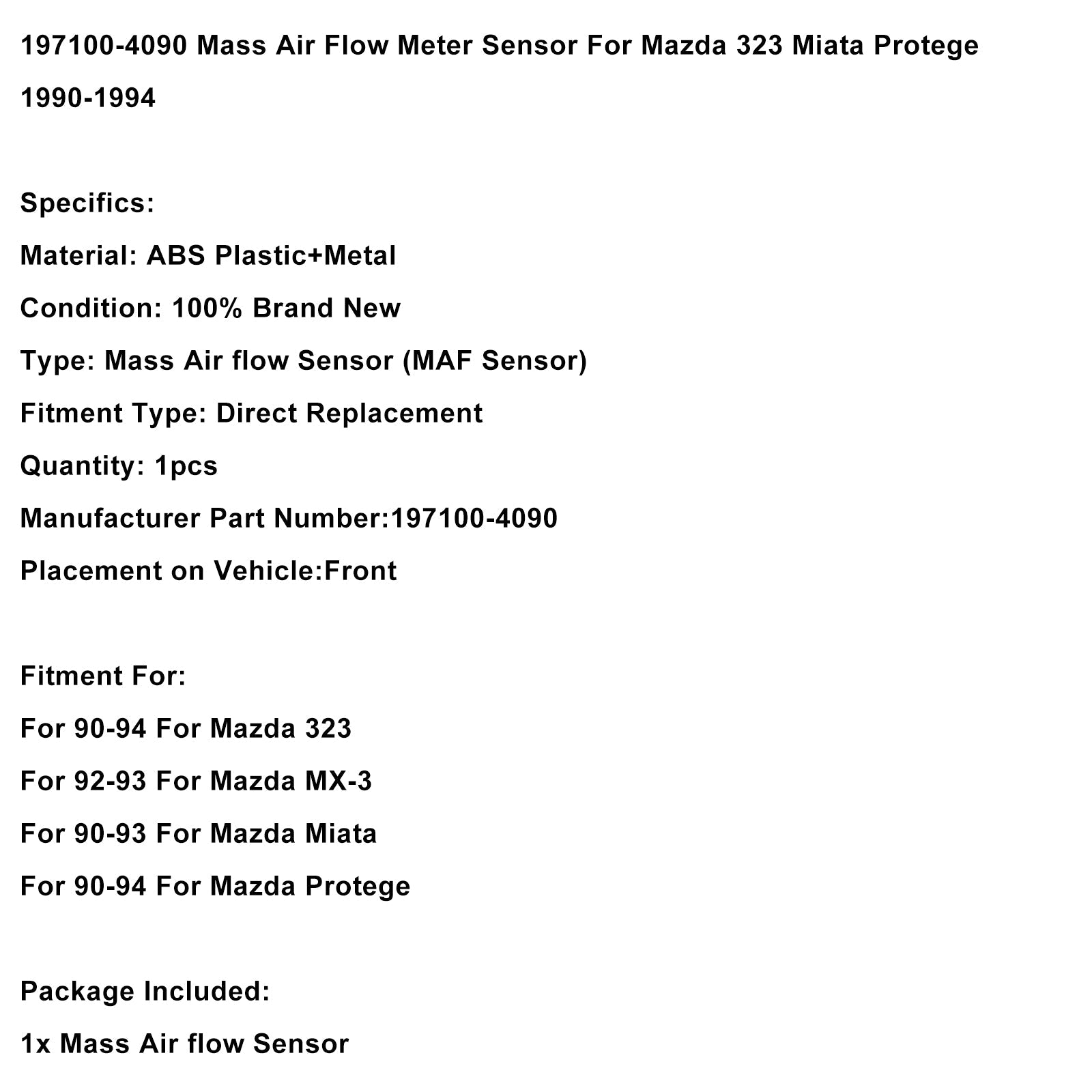 1990-1994 For Mazda Protege Mass Air Flow Meter Sensor 197100-4090