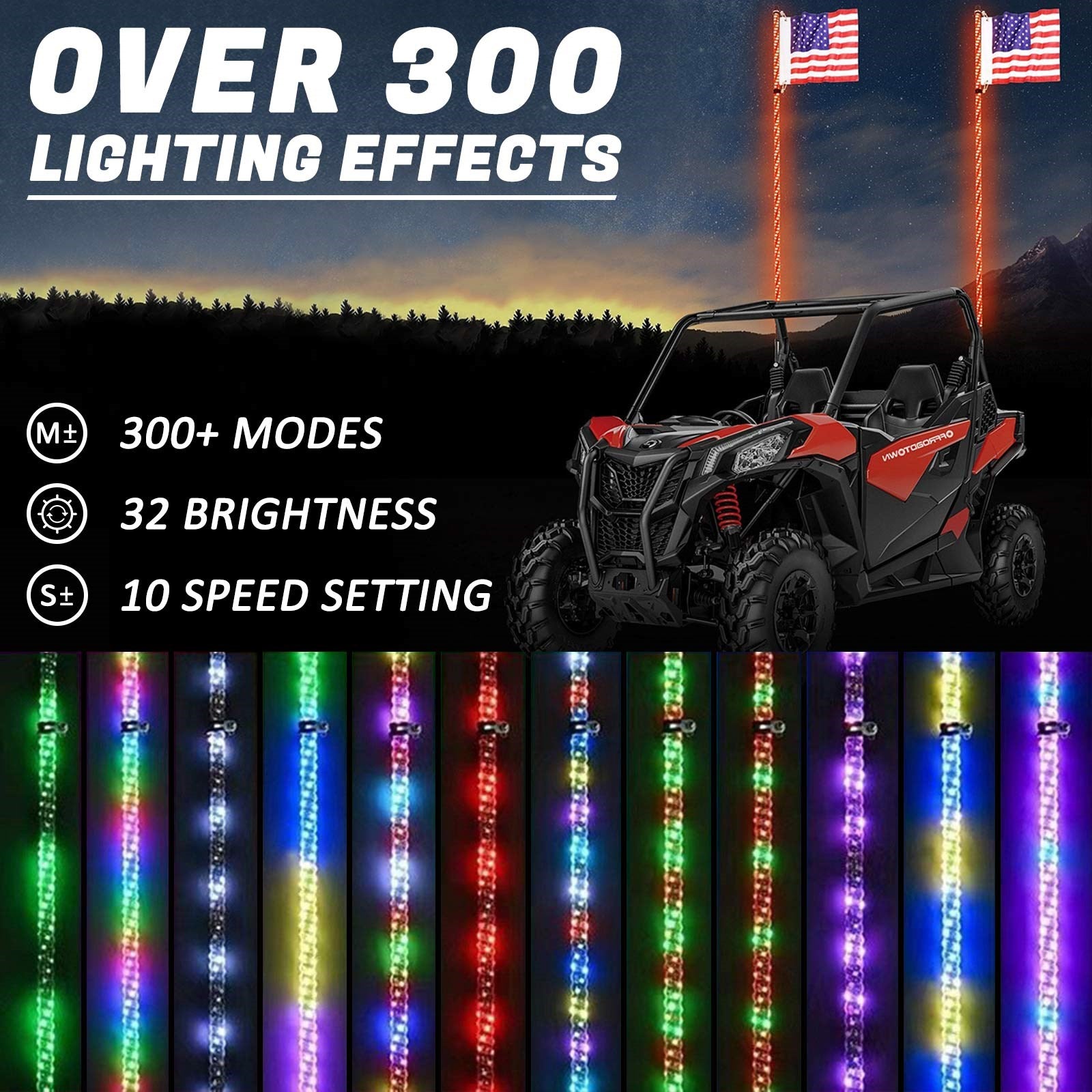 RZR Offroad Jeep Rhino Sandrail Canam Buggy UTV 2X 4ft RGB LED APP Whip Lights Antenna W/ Flag Remote Control Generic