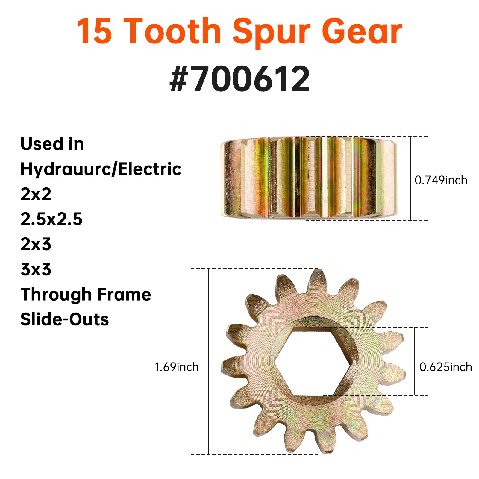 2PCS 700612 15 Tooth Spur Gear 10 DP/20 PA for Lippert RV Slide Out Systems