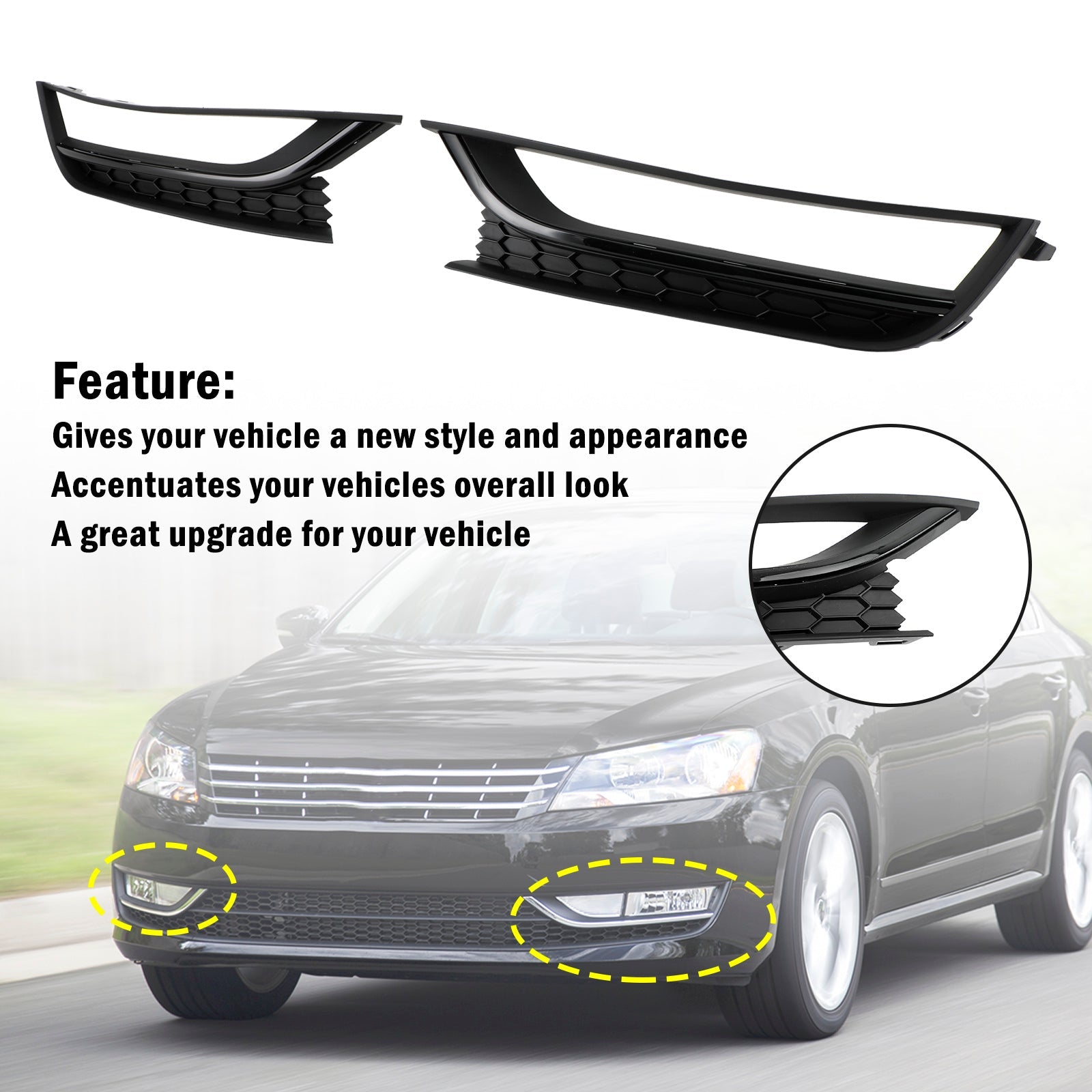 2012-2015 VW Passat 2PCS Front Honeycomb Driving Fog Light Cover Black