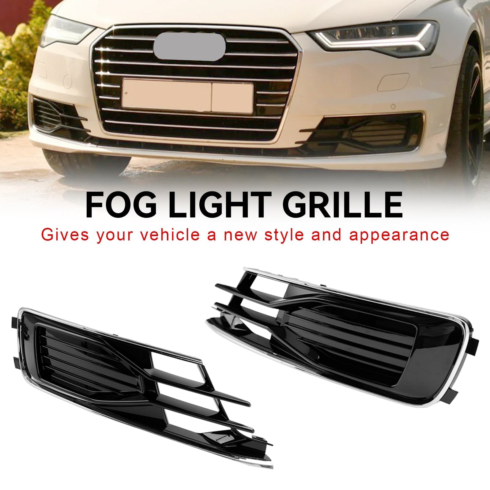 2014-2018 Audi A6 C7 2PCS Front Bumper Foglight Cover Grill Black Chrome