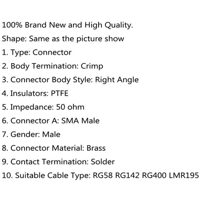 10Pcs SMA Male Plug Right Angle Pin Crimp For RG58 RG142 RG400 LMR195 Cable RF