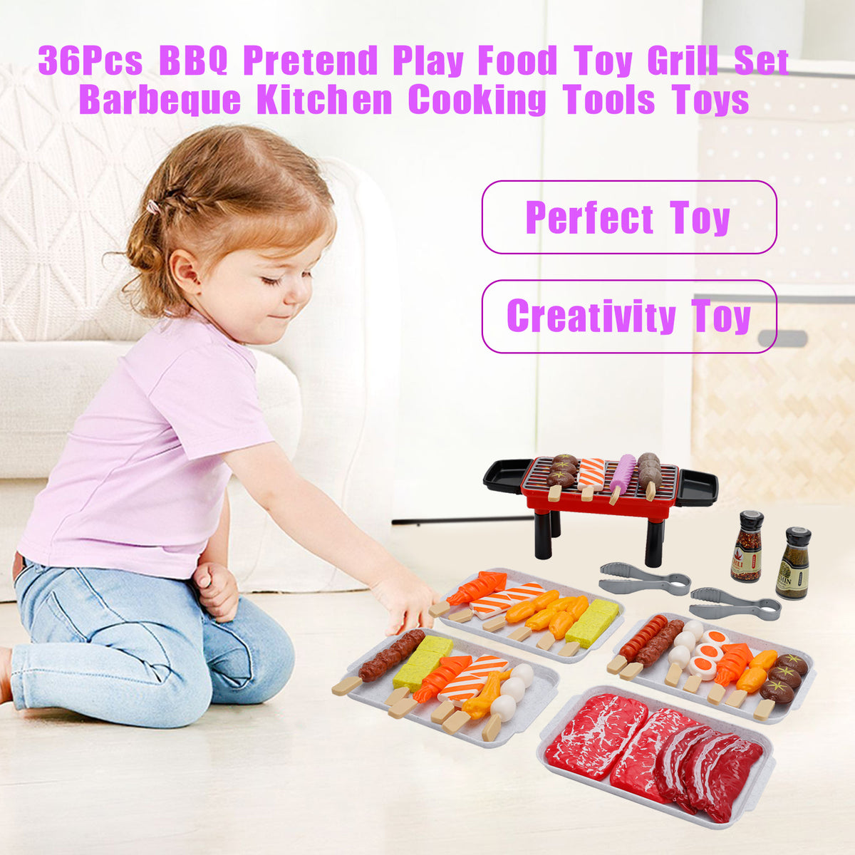 36Pcs BBQ Pretend Play Food Toy Grill Set Barbeque Kitchen Cooking Tools Toys