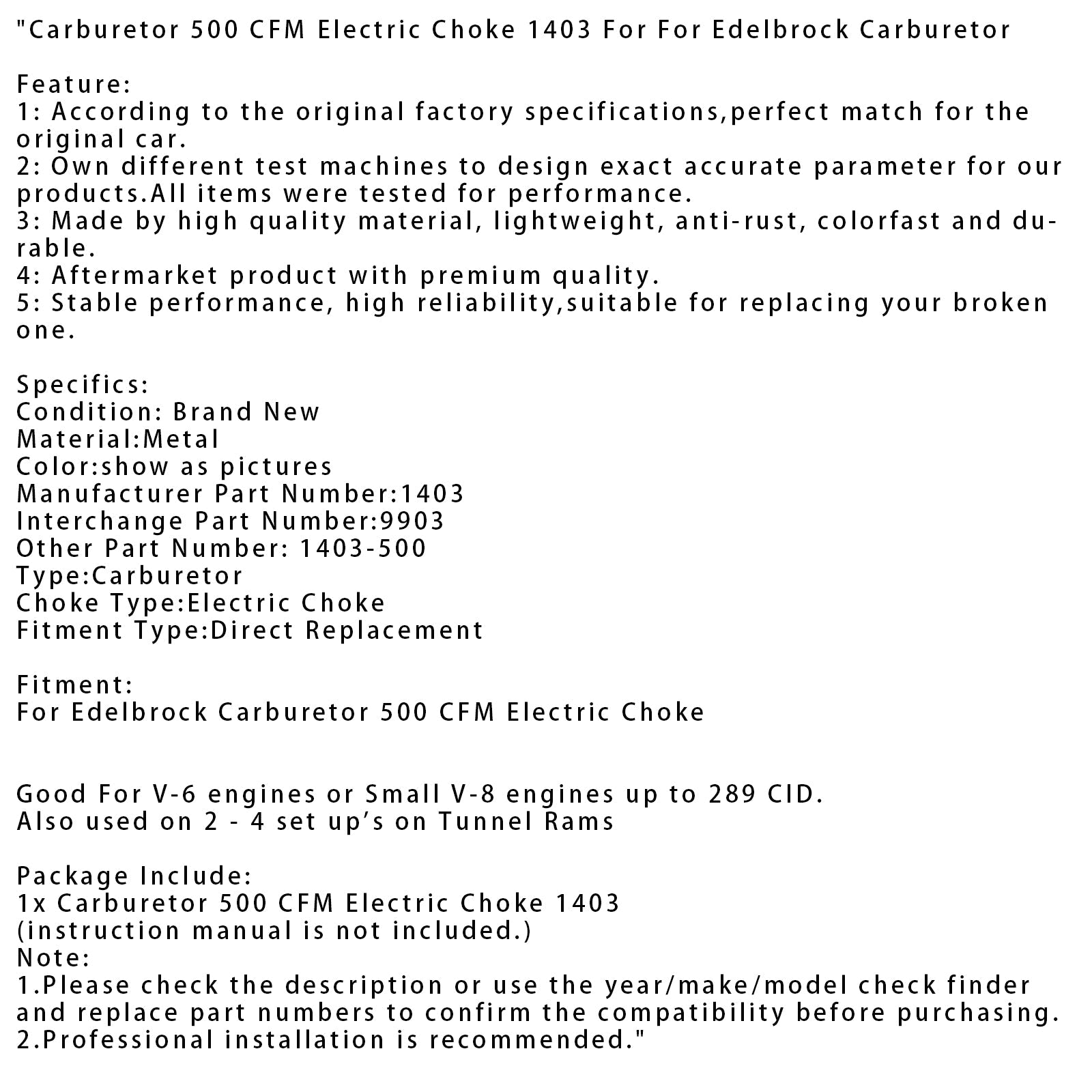 Carburetor 500 CFM Electric Choke 1403 Fit For Edelbrock Carburetor U8