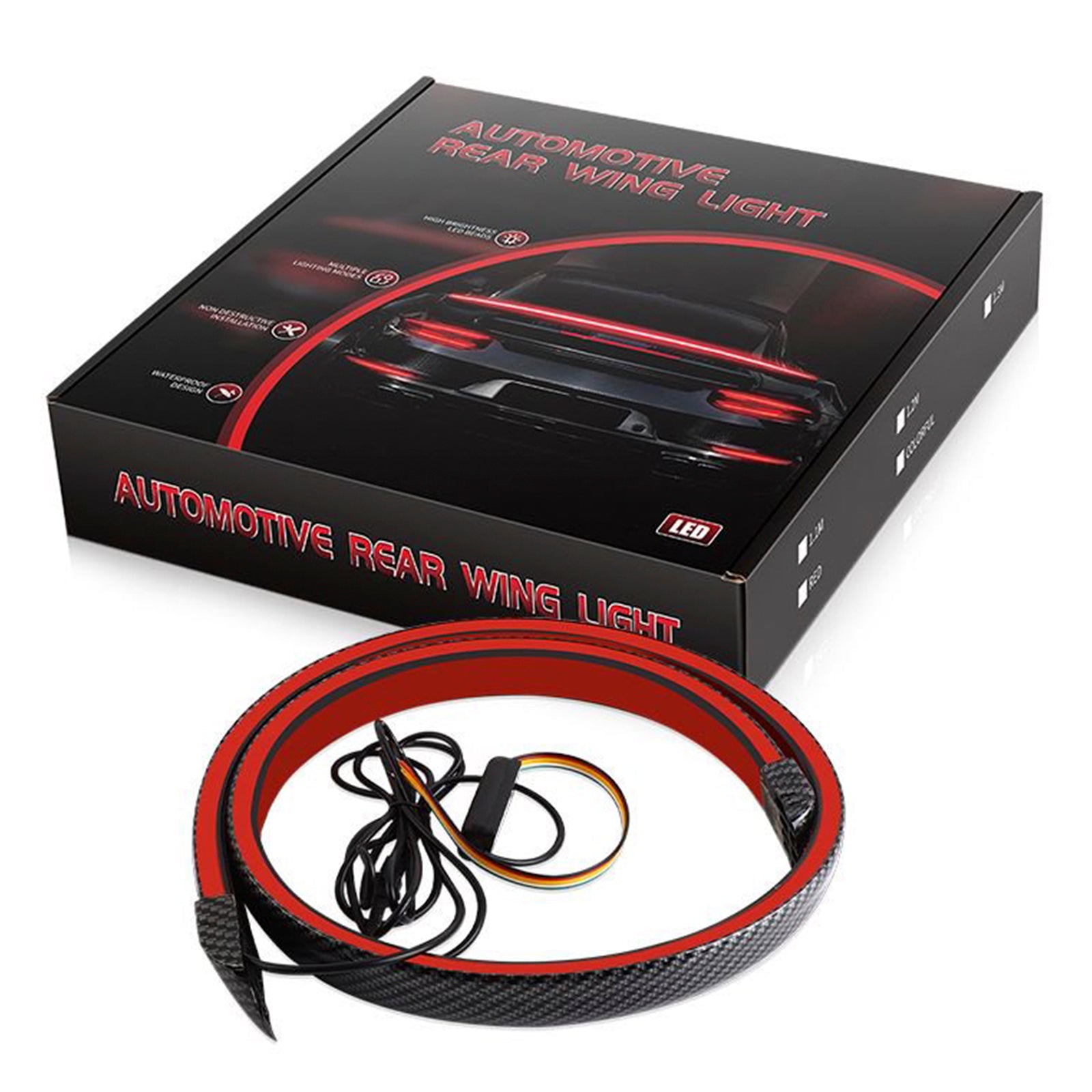 Car Tail Streamer Lamp Carbon Fiber LED Light Rear Wing Spoiler Lip Brake Trunk Red 1.3M