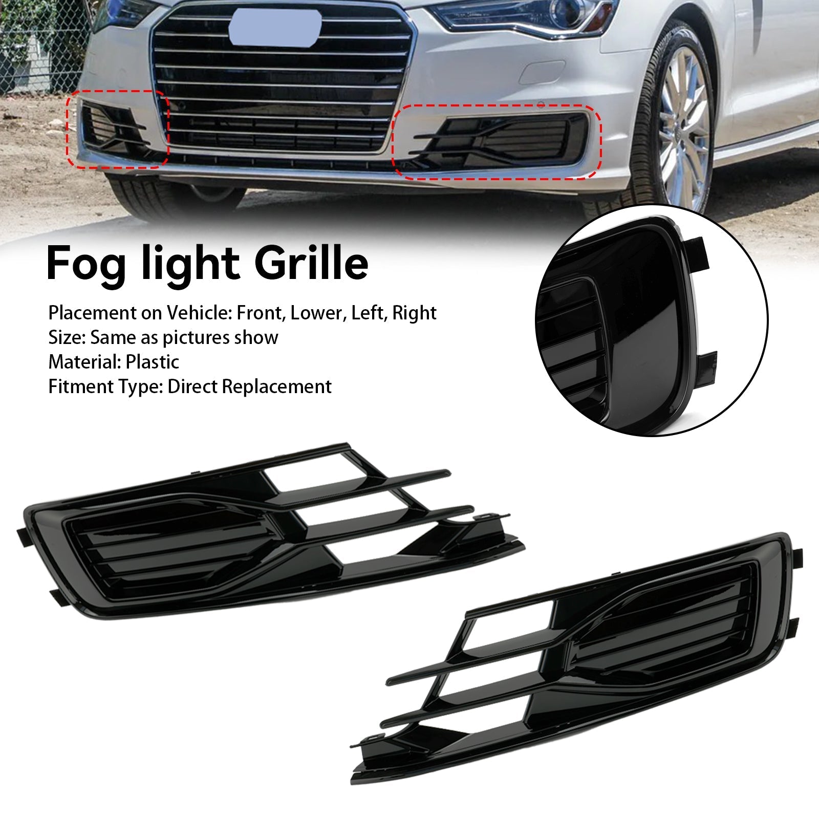 2014-2018 Audi A6 C7 2PCS Front Bumper Foglight Cover Grill Grille Black