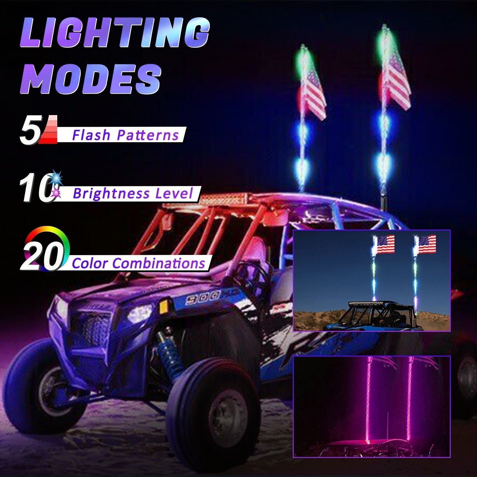 Pickup Wagon UTB Cab ATV SUV Jeep Truck Boat Bus 2X 4ft RGB LED APP Whip Lights Antenna W/ Flag Remote Control Generic