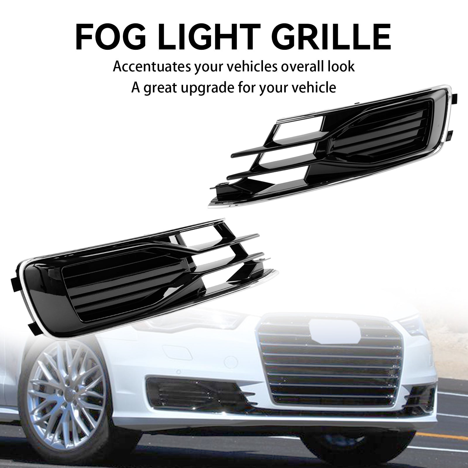 2014-2018 Audi A6 C7 2PCS Front Bumper Foglight Cover Grill Black Chrome