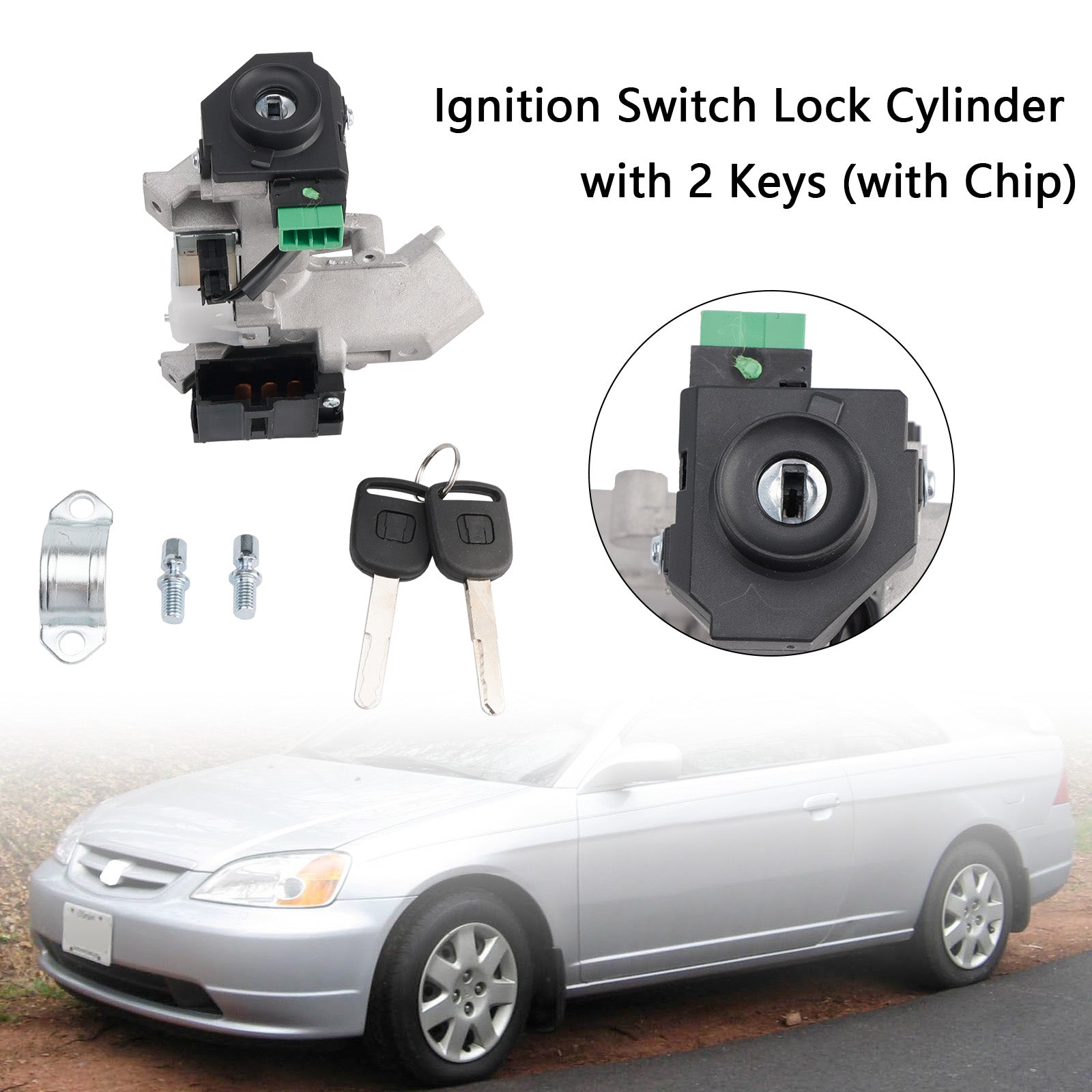 2002-2004 Honda Civic 1.7L 1700CC L4 GAS Ignition Switch Lock Cylinder with 2 Keys (with Chip)