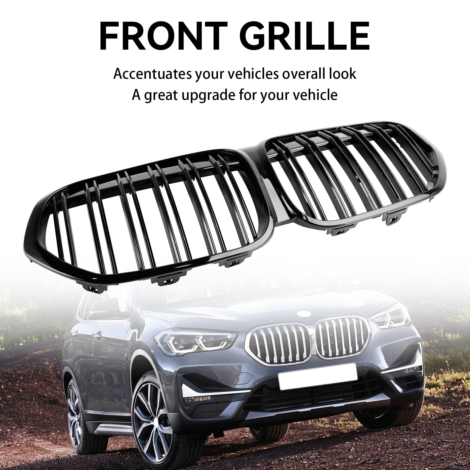 2019 2020 2021 BMW X1 F48 F49 Dual Slat Gloss Black Front Kidney Grille Grill