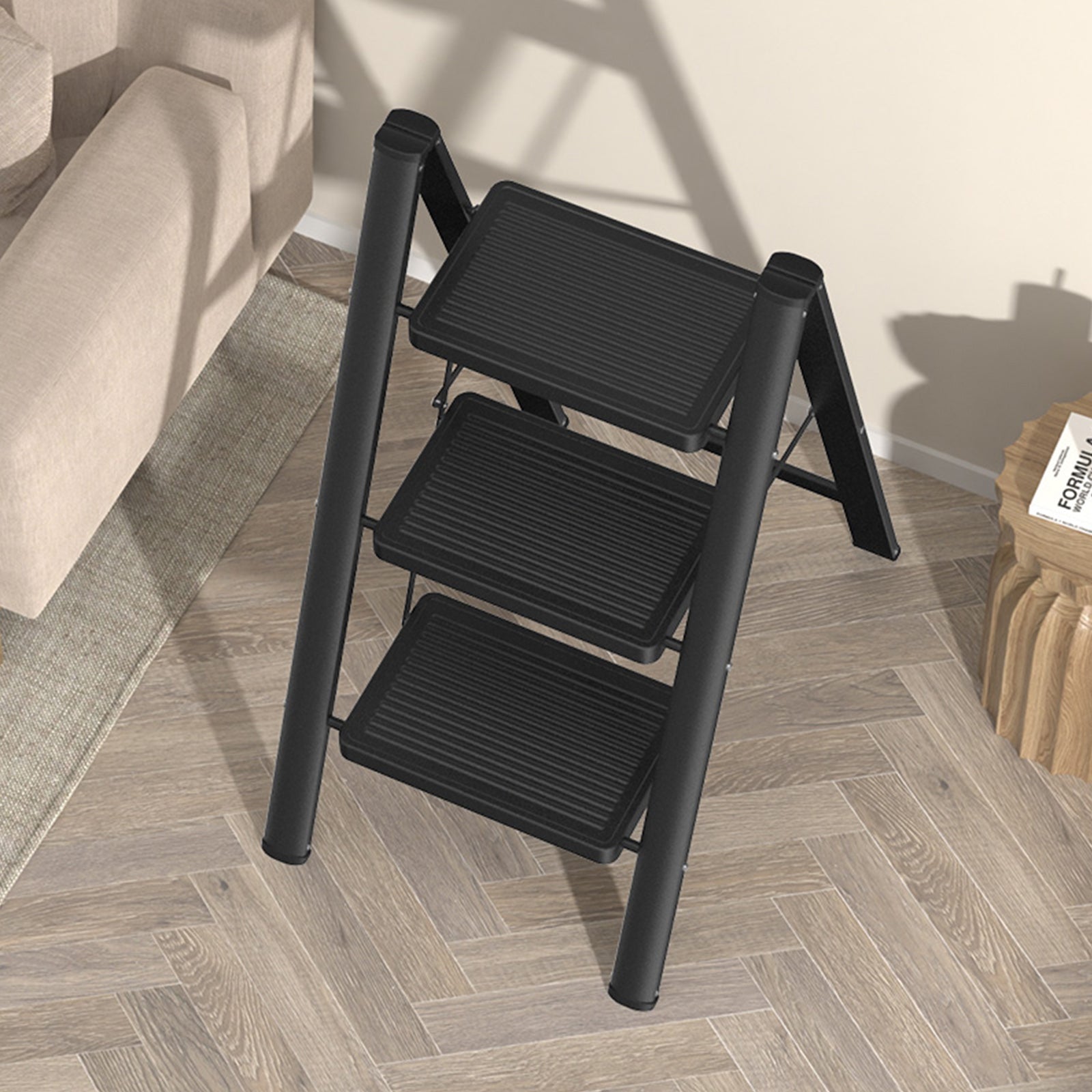 Lightweight 3 Step Ladder, Foldable with Wide Pedals, Compact Storage, 150kg Load Capacity