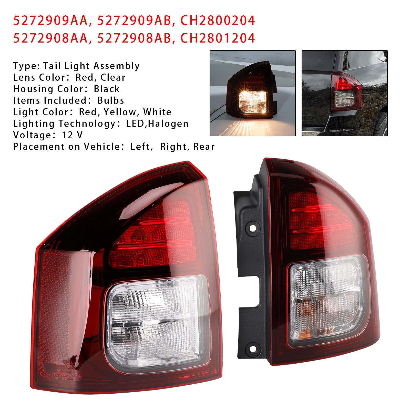 2014-2017 Jeep Compass Left+Right Rear Tail Light Rear Lamp Assembly
