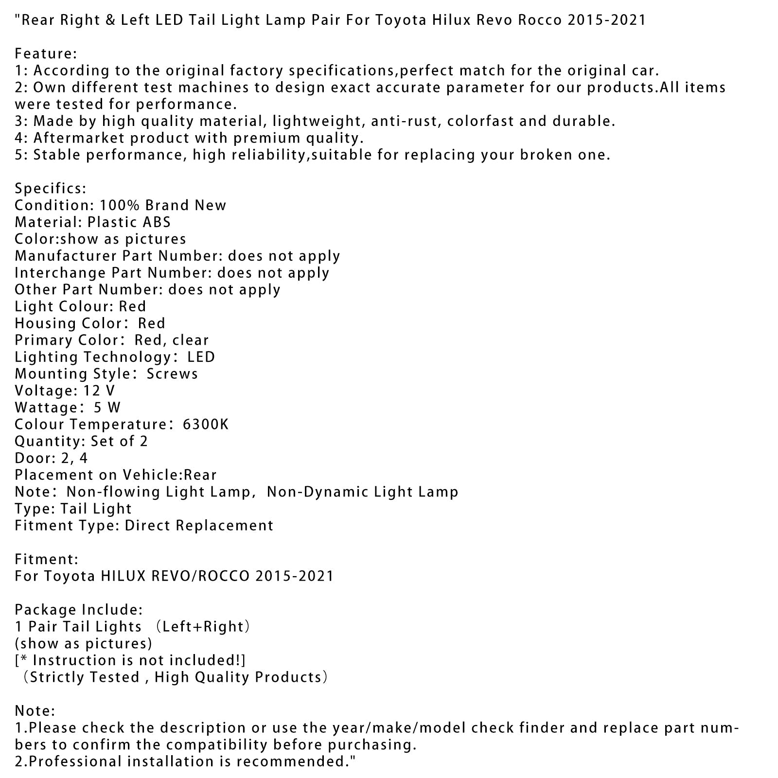 2015-2021 Toyota Hilux Revo Rocco Rear Right & Left LED Tail Light Lamp Pair