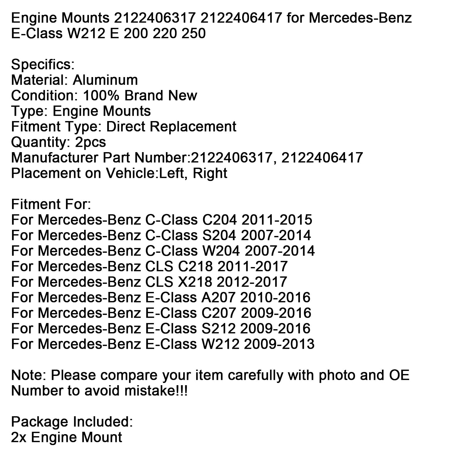 2010-2016 Mercedes-Benz E-Class A207 2x Left + Right Engine Mounts 2122406317 2122406417