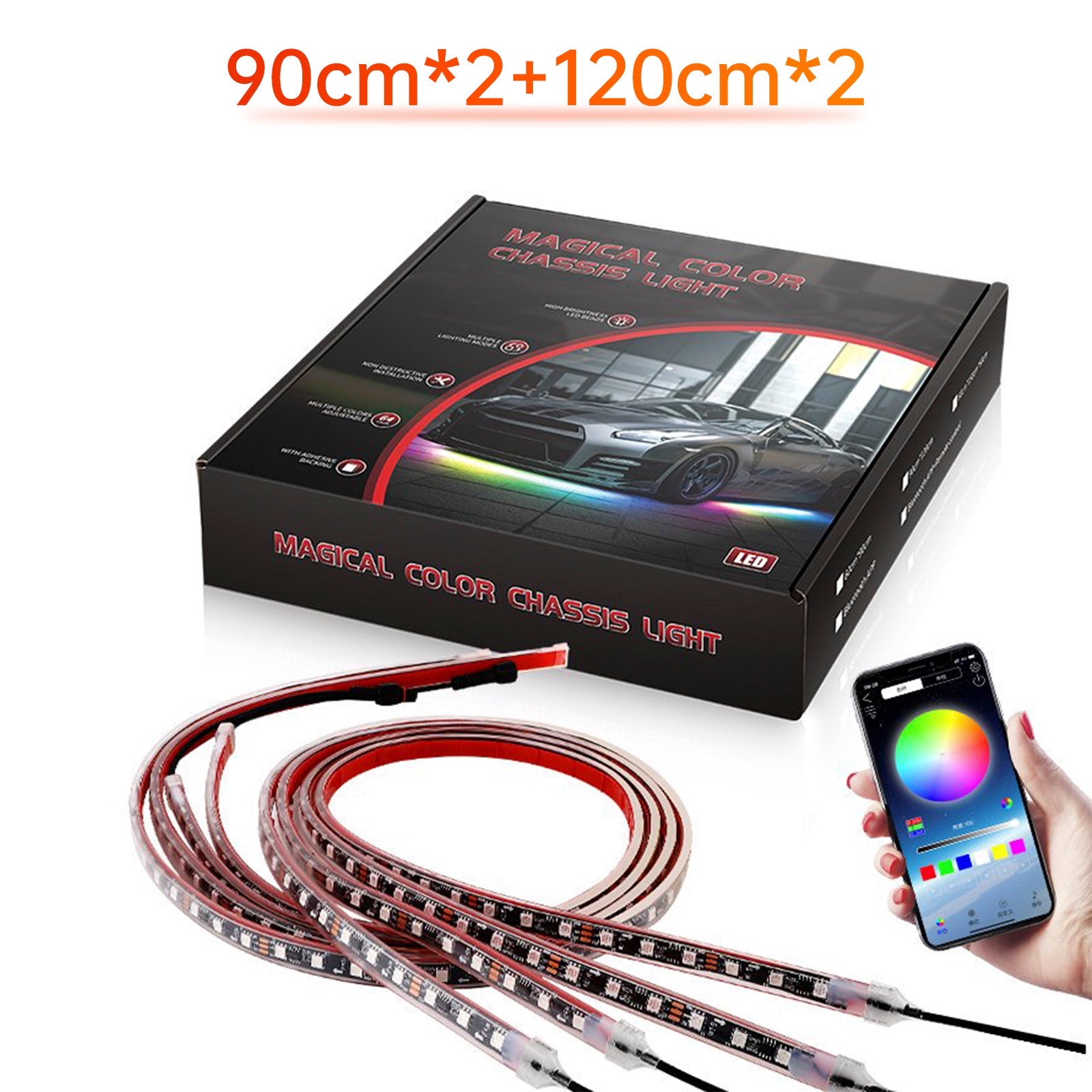 4Pcs LED Chassis Light Modified With Fantasy Ambient Light APP Controller 90cm*2+120cm*2