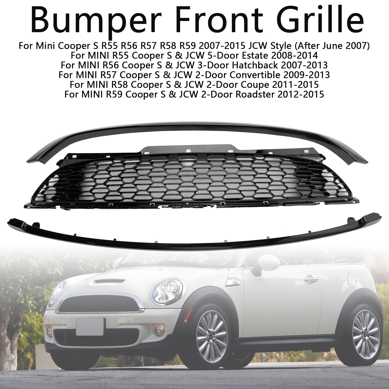 2007-2013 MINI R56 Cooper S & JCW 3-Door Hatchback 3PCS Gloss Black Front Grill Grille