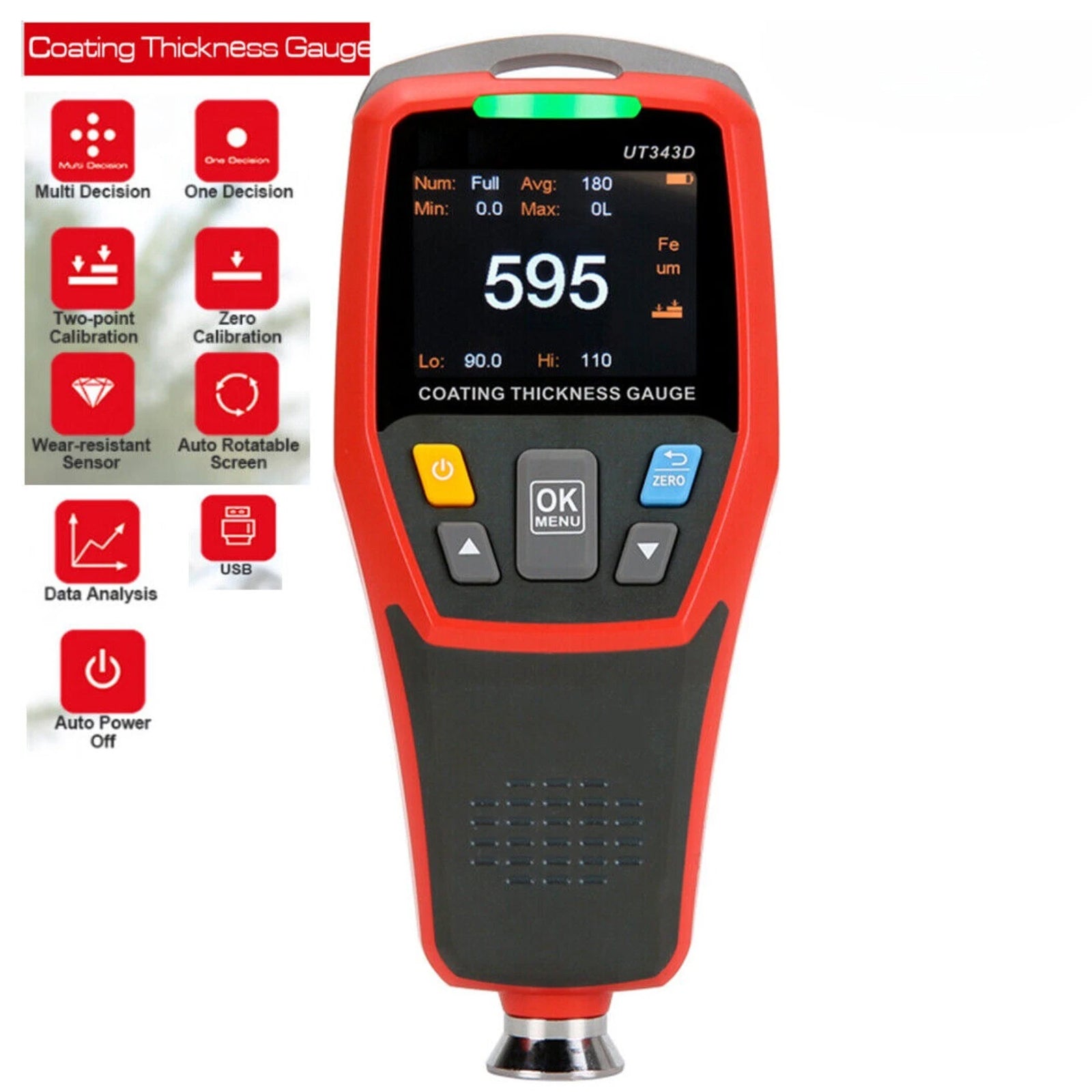 UT343D Digital Coating Thickness Gauge Meter Tester Range 0 to 1250um