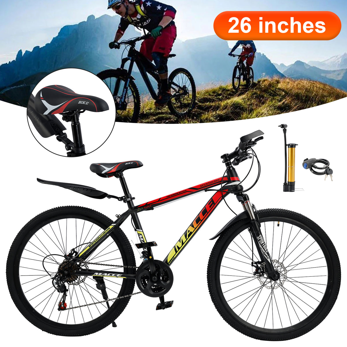 26" Spoke Wheel 24 Speed Mountain Bicycle Adult Bike MTB w/ fender Red+Yellow