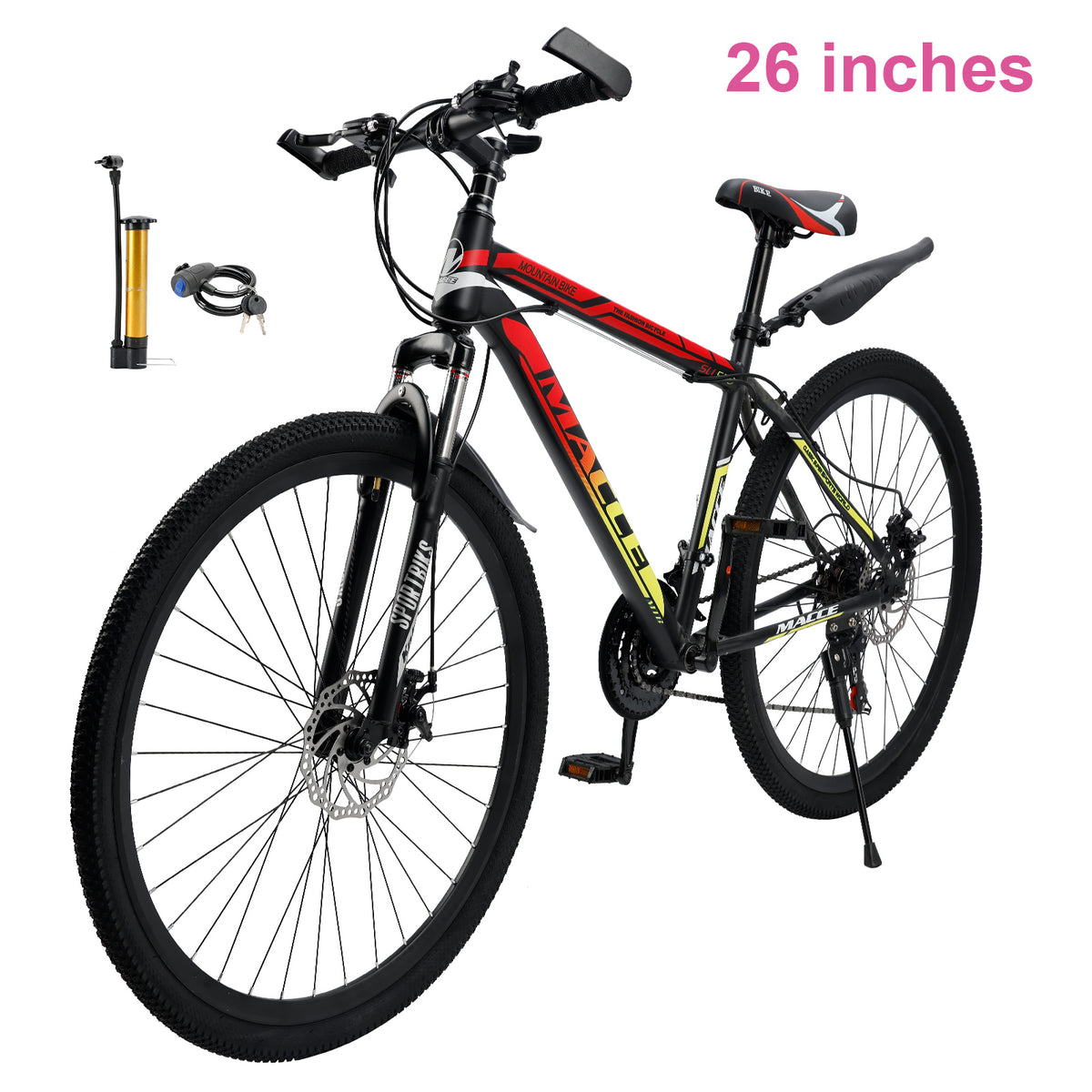 26" Spoke Wheel 24 Speed Mountain Bicycle Adult Bike MTB w/ fender Red+Yellow