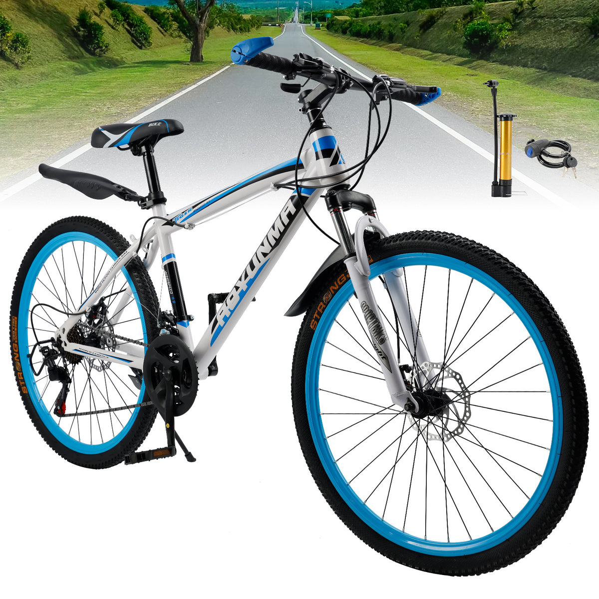 Unisex 26" Spoke Wheel 24 Speed Mountain Bike MTB with Disc Brake White+Blue