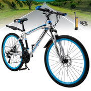 Unisex 26" Spoke Wheel 24 Speed Mountain Bike MTB with Disc Brake White+Blue