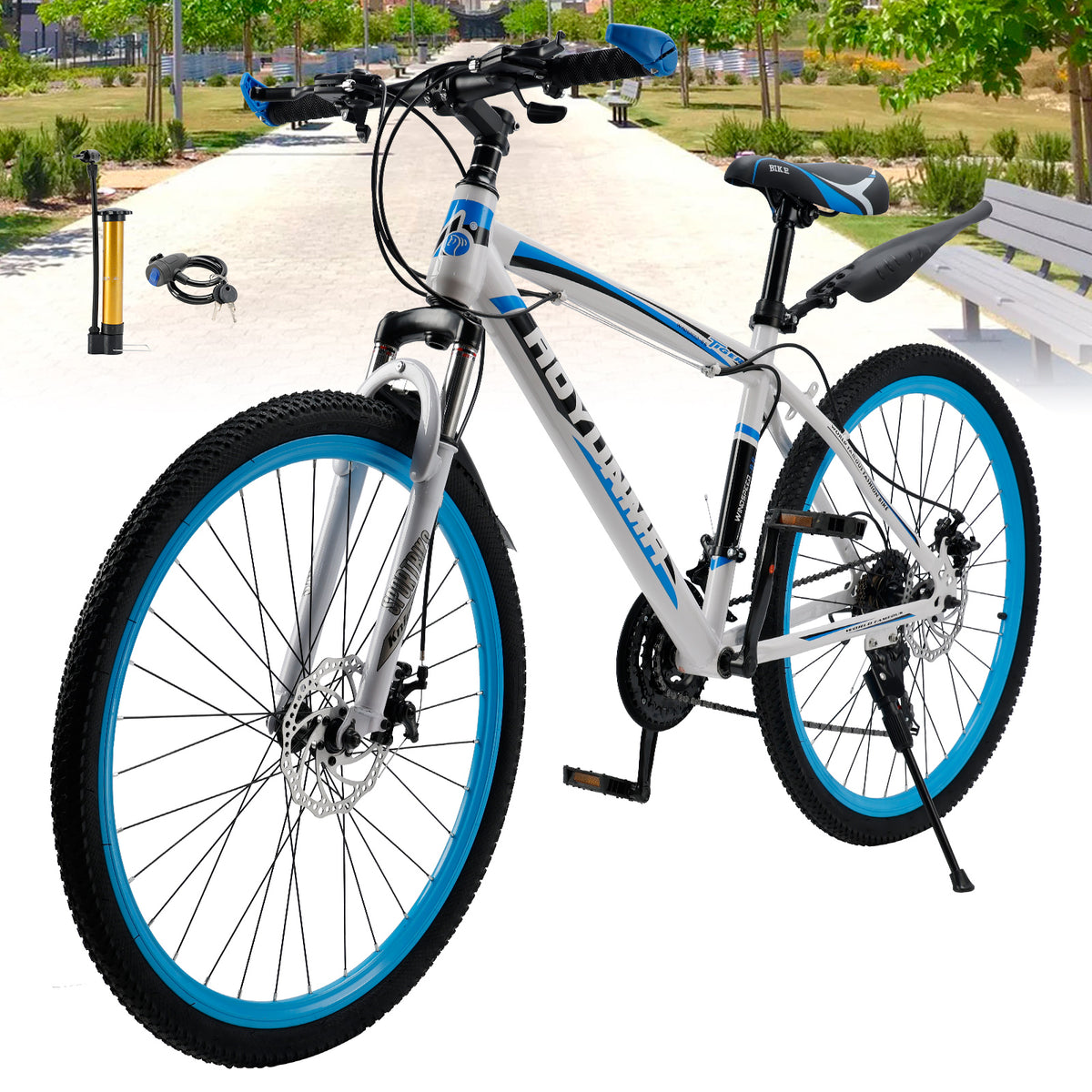 Unisex 26" Spoke Wheel 24 Speed Mountain Bike MTB with Disc Brake White+Blue