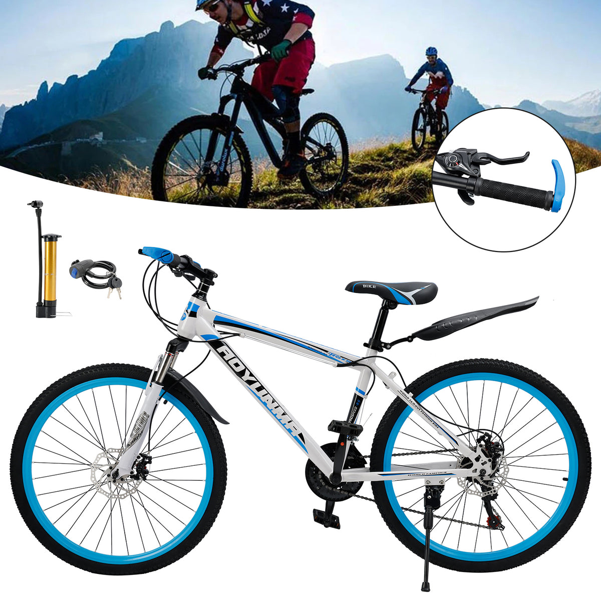 Unisex 26" Spoke Wheel 24 Speed Mountain Bike MTB with Disc Brake White+Blue