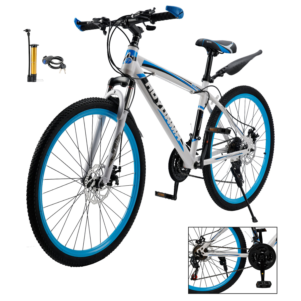 Unisex 26" Spoke Wheel 24 Speed Mountain Bike MTB with Disc Brake White+Blue