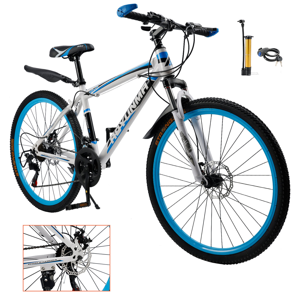 Unisex 26" Spoke Wheel 24 Speed Mountain Bike MTB with Disc Brake White+Blue
