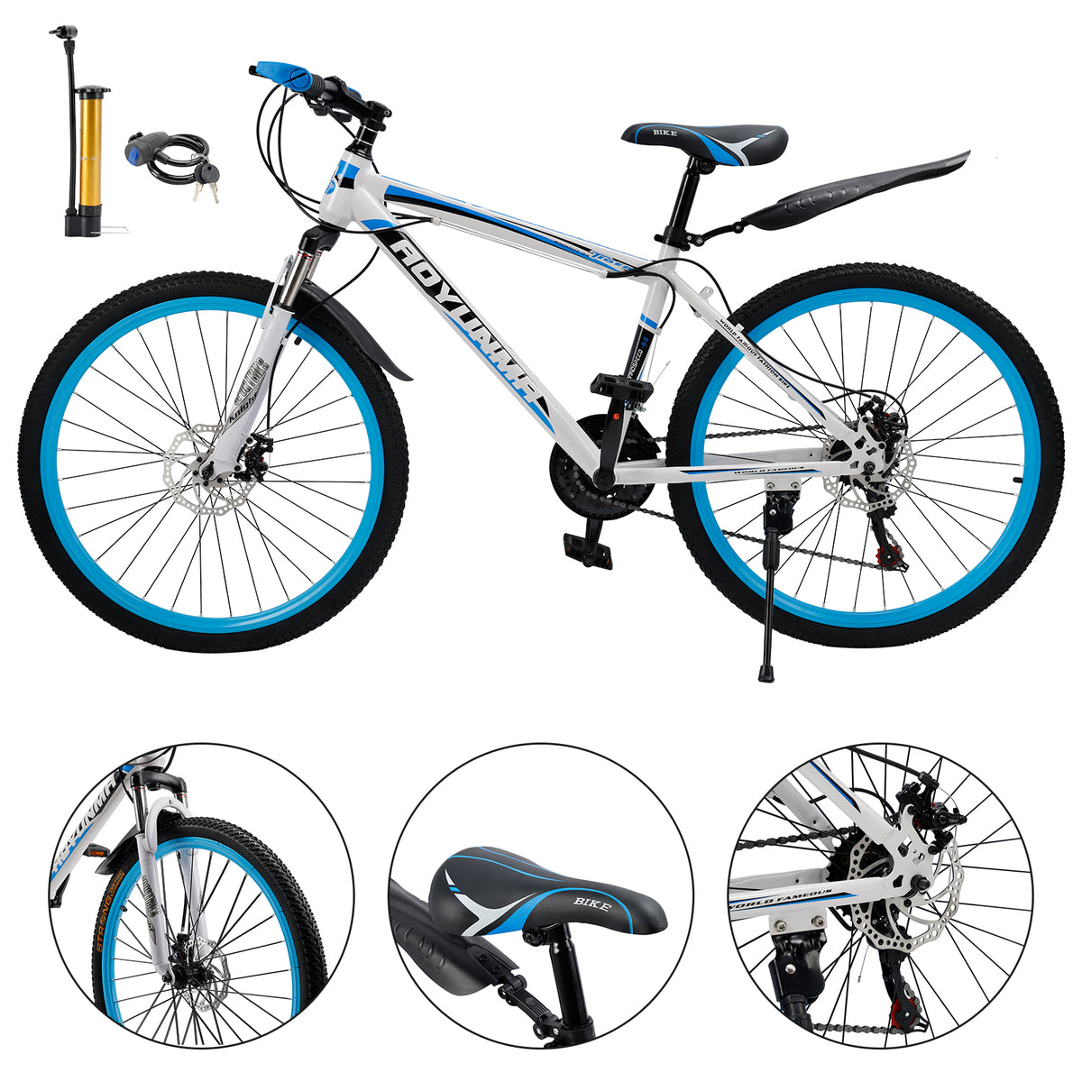 Unisex 26" Spoke Wheel 24 Speed Mountain Bike MTB with Disc Brake White+Blue