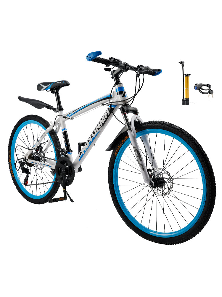 Unisex 26" Spoke Wheel 24 Speed Mountain Bike MTB with Disc Brake White+Blue
