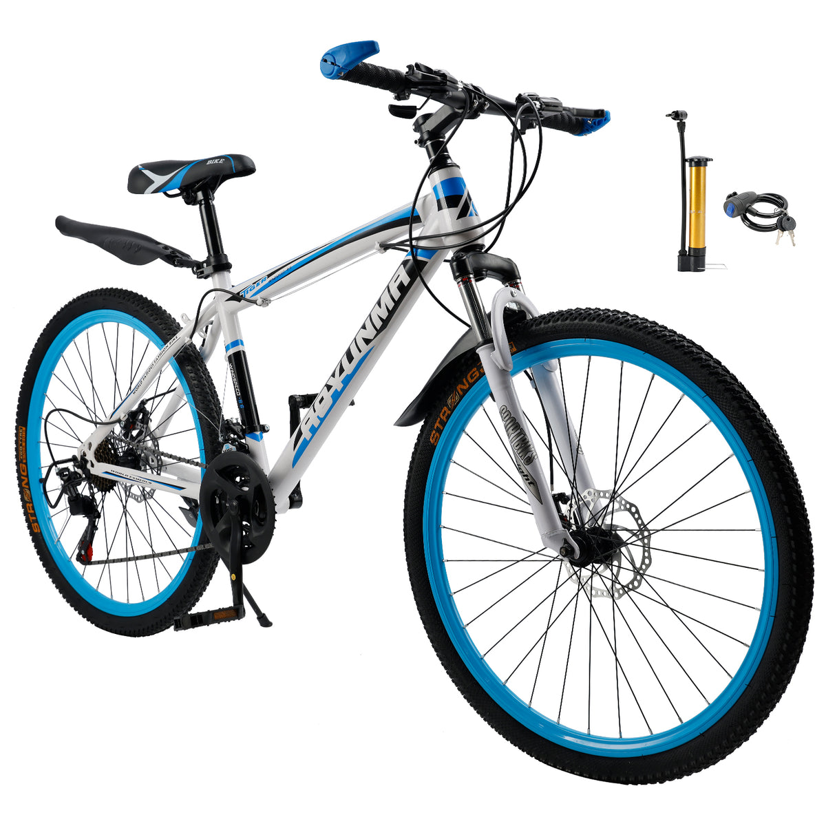 Unisex 26" Spoke Wheel 24 Speed Mountain Bike MTB with Disc Brake White+Blue