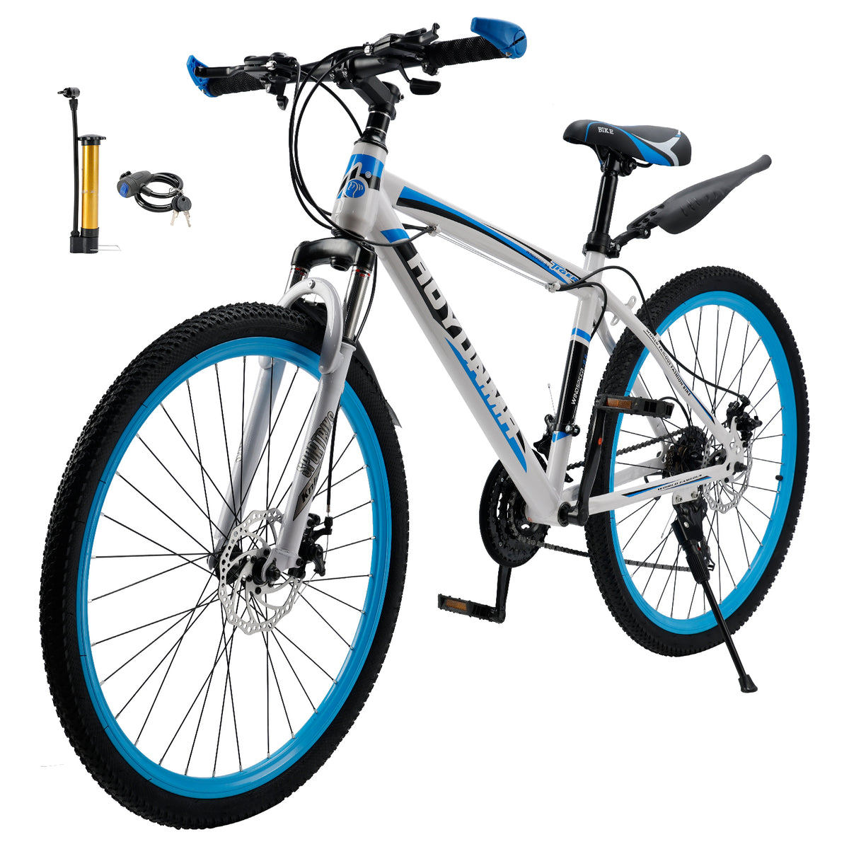 Unisex 26" Spoke Wheel 24 Speed Mountain Bike MTB with Disc Brake White+Blue