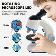 Rotating Microscope LED 100X-1200X Magnification Science Toys Kit For Kid White