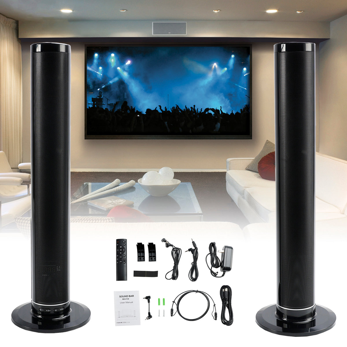 Detachable Surround Sound Bar Wireless Subwoofer 2 Speaker System Home Theater