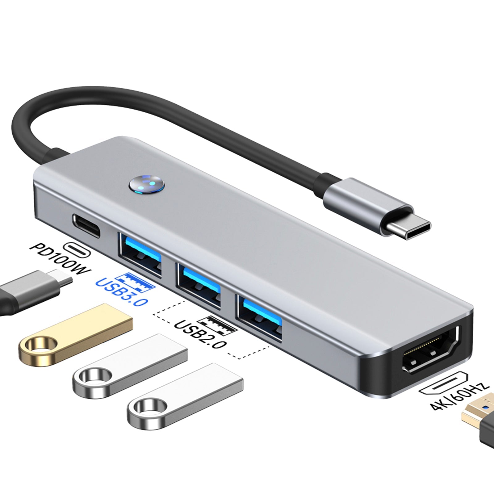 5 in 1 TYPE-C+USB3.0*1+USB2.0*2+HDMI+PD100W Interface Hub Adapter for MacBook