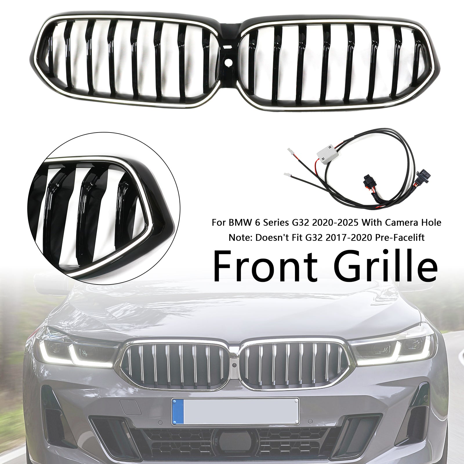 2020-2025 BMW 6 Series G32 Glossy Black Front Kidney Grill Grille