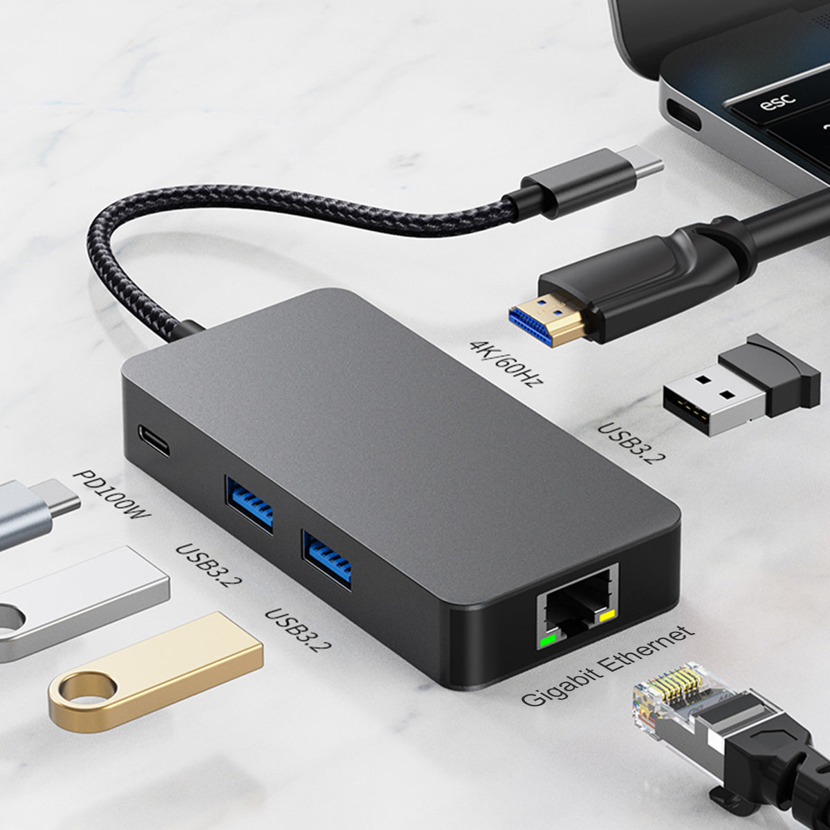6 in 1 TYPE-C to RJ45 Gigabit USB 3.2 HDMI PD100W Interface Hub Adapter Dock