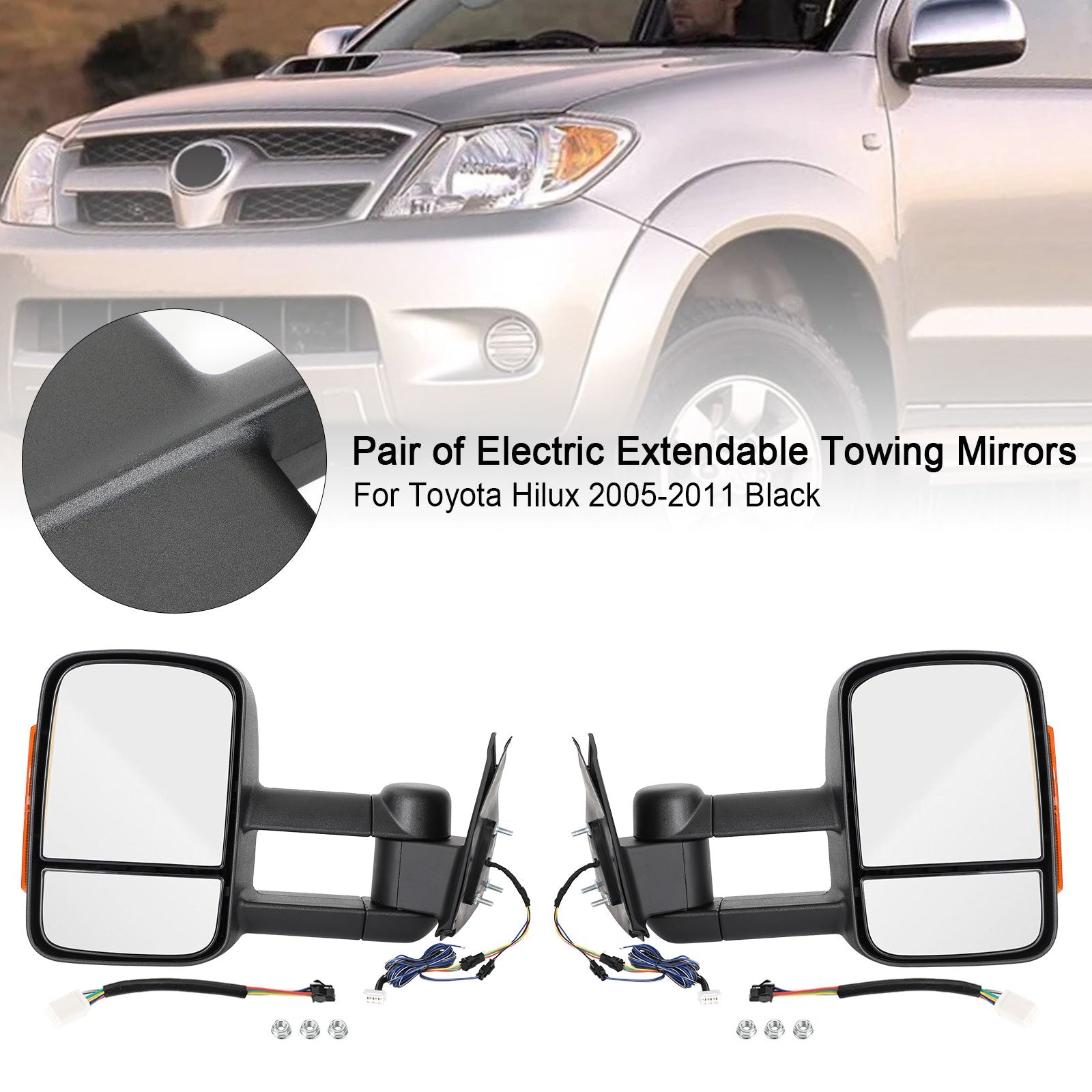 2005-2011 Toyota Hilux Pair of Electric Extendable Towing Mirrors Black
